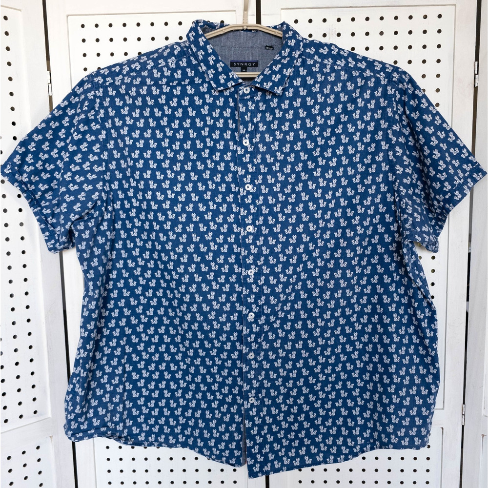 Synrgy Mens SIZE 3XL Blue Short Sleeve Button Up Shirt Pineapple Print